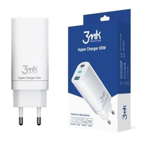 3mk nabíječka do sítě Hyper Charger 65W, GaN, 2x USB-C (PD) + 1x USB, bílá