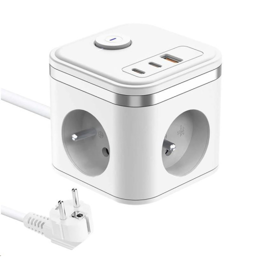 Viking síťový adaptér YC33, 3x 230 V, 1x USB-A, 2x USB-C, tlačítko ON/OFF, délka 1,4 m, bílá